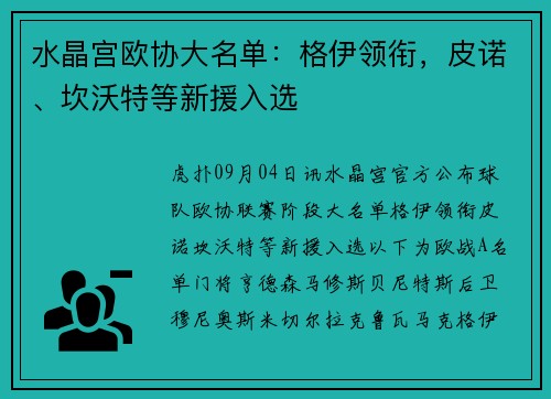 水晶宫欧协大名单：格伊领衔，皮诺、坎沃特等新援入选